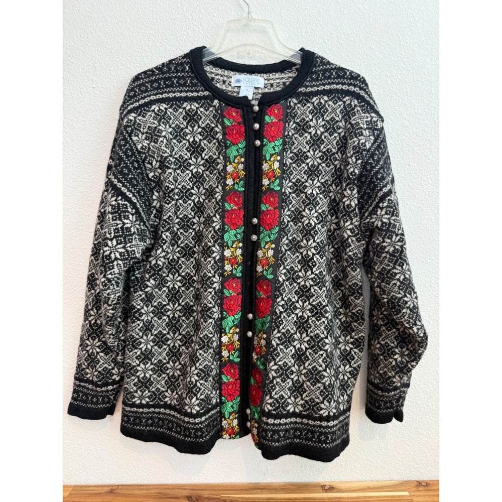 Squaw Valley Vintage 100% Wool Nordic Cardigan Floral Embroidered Black White 1X